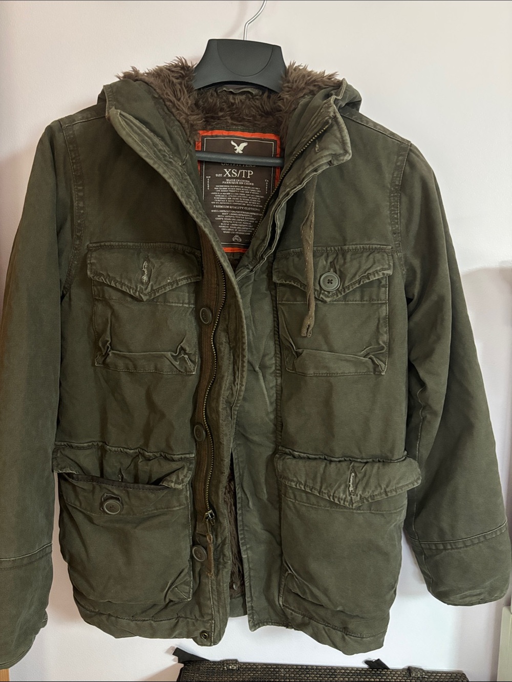 American Eagle Outfitters Olive Green Hooded Field Jacket with Faux Fur Lining